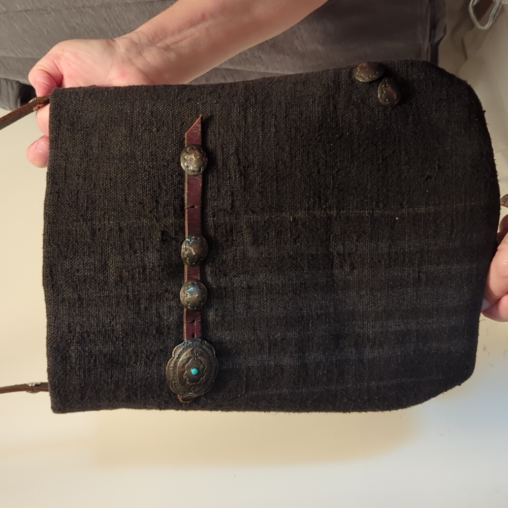 Handmade antique coverlet and leather crossbody bag